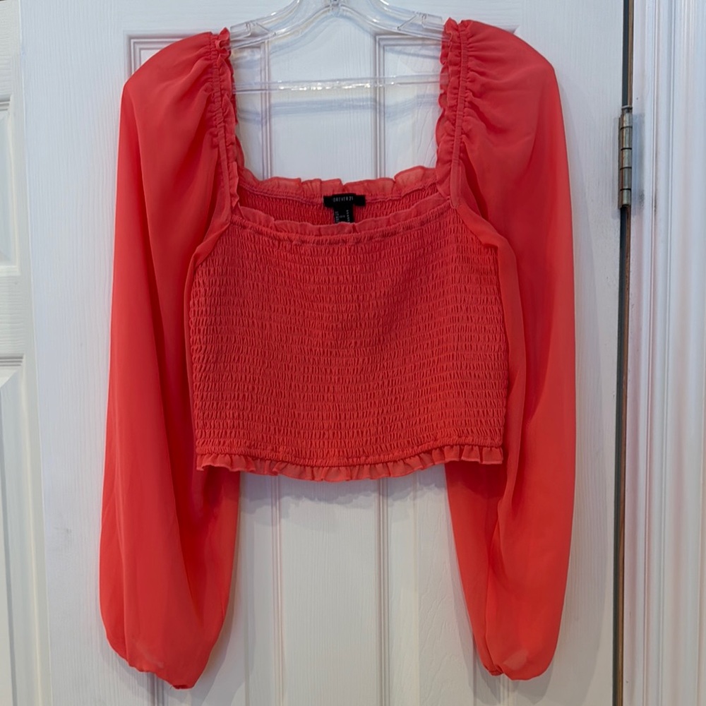 Forever 21 Coral Smocked Crop Blouse Medium